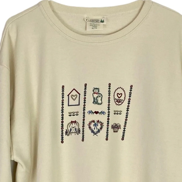 Vintage 90s Cat Bird Embroidered Printed Oversized Pullover Sweatshirt Womens XL - Picture 3 of 14
